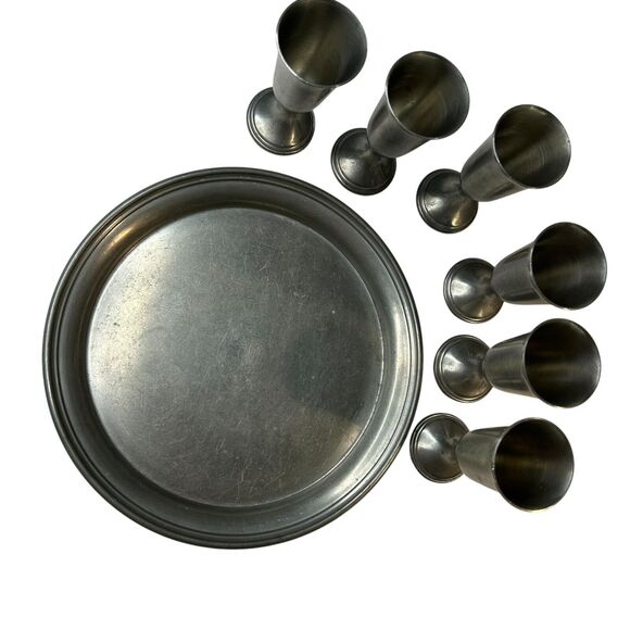 Preisner Pewter No.2023 Tray 8 inch and 6 Cordial Goblet Cups 3.75 inches Tall - Picture 6 of 12